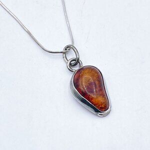Sterling Silver Pendant Necklace With Genuine Amber Teardrop Design